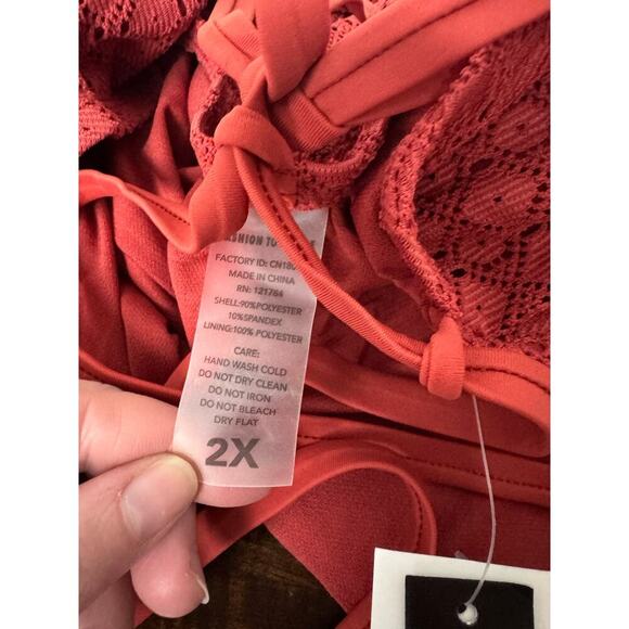 Crochet & Side Lace-Up One Piece Swimsuit Rust Color 2X (FTF) - Picture 8 of 8